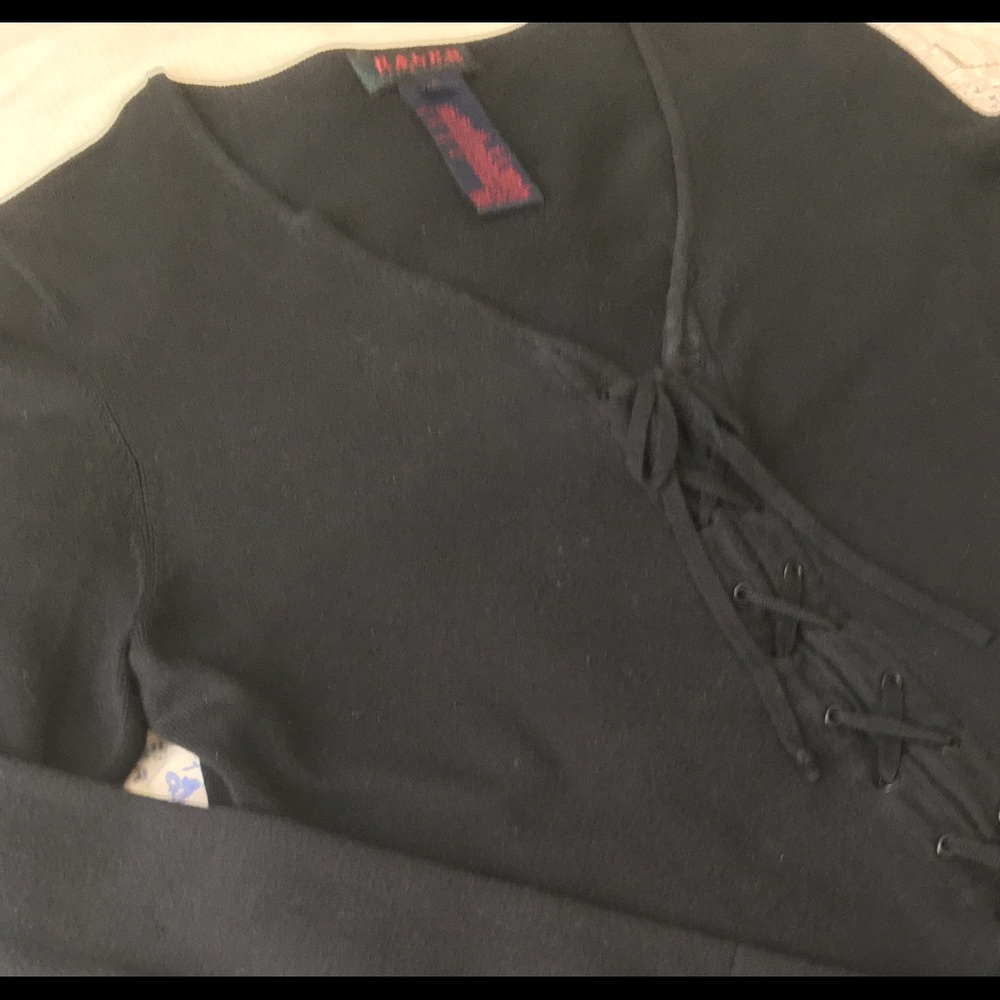 Ralph Lauren Blk V-Neck Lace-Up Heavy T/Lt Sweater